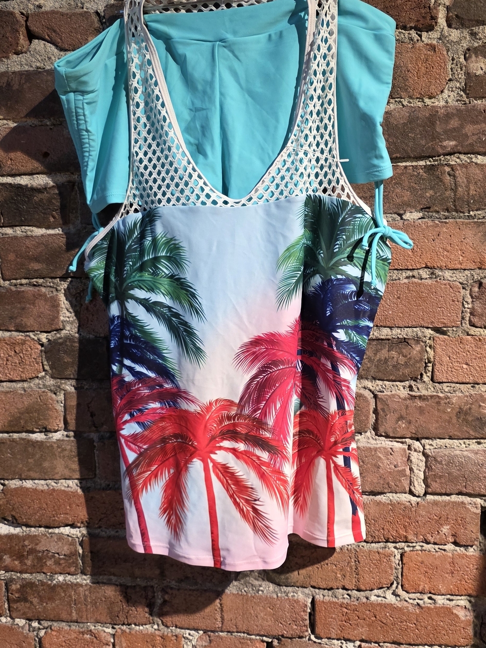 Rosegal Turquoise Mesh Palm Print Swim Suit with Red and Green Palms
